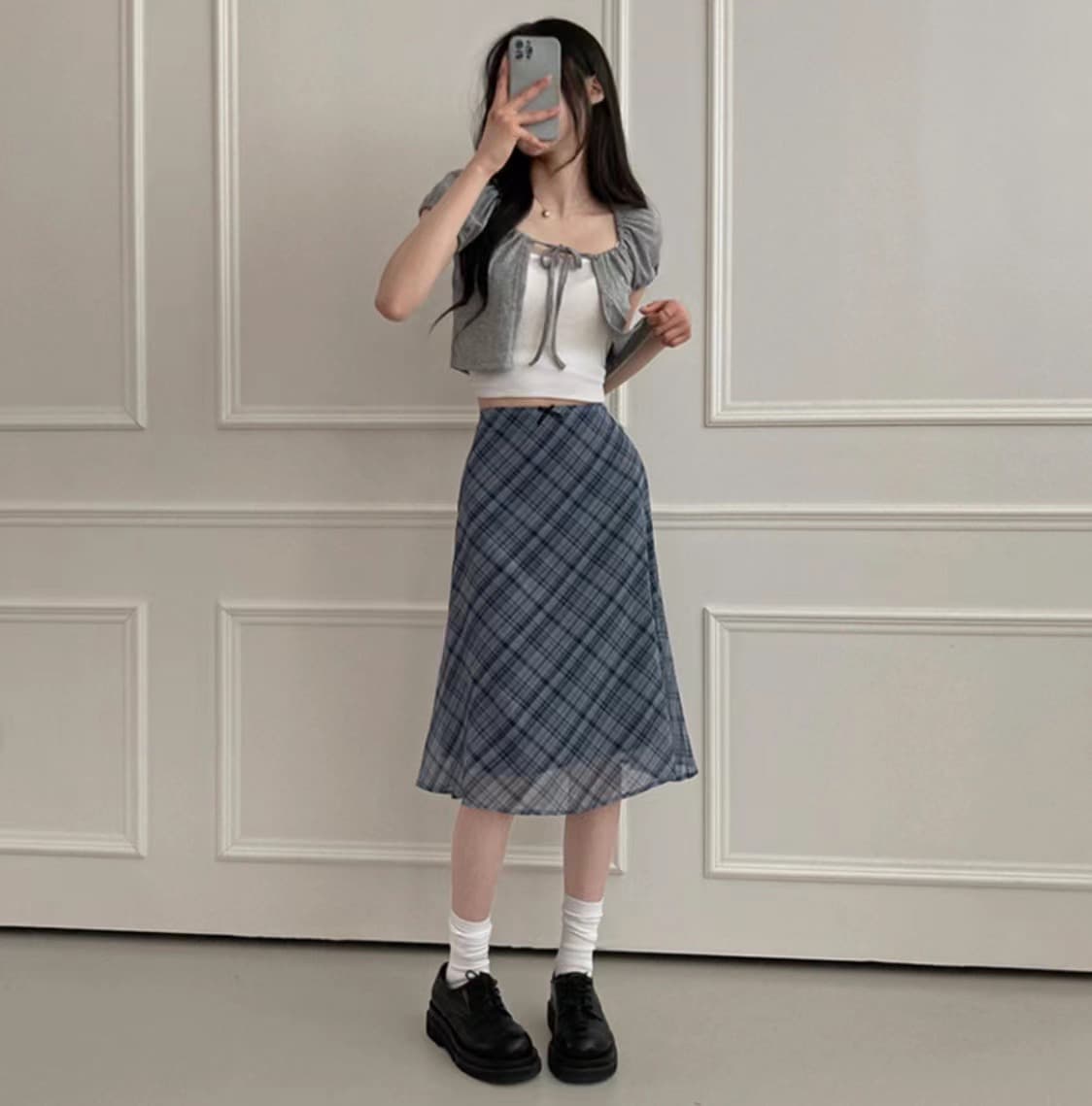 프렌치 레트로 그레인 미디 스커트 상세 이미지 1