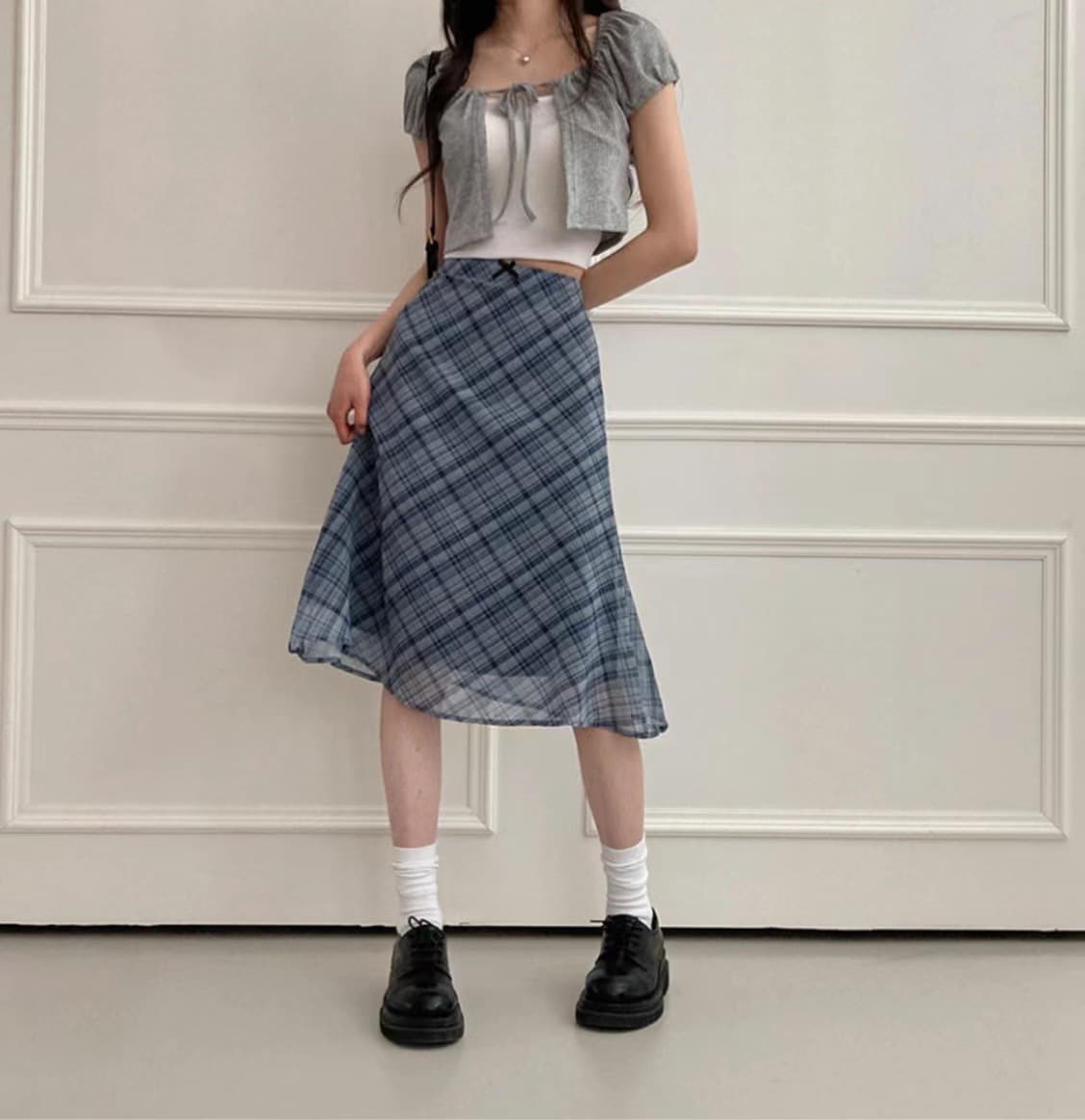 프렌치 레트로 그레인 미디 스커트 상세 이미지 2