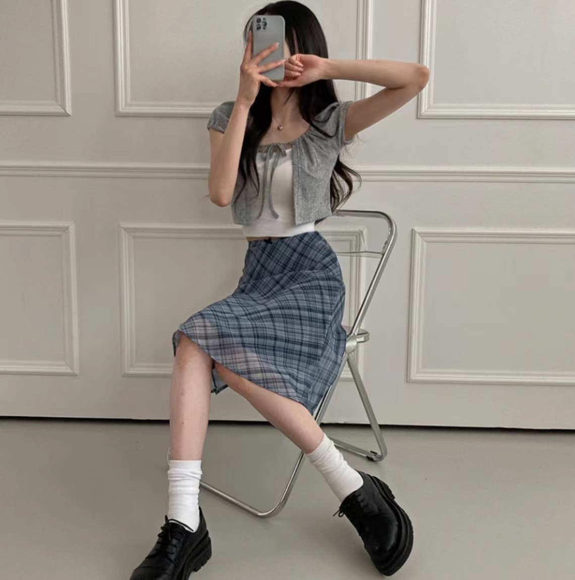 프렌치 레트로 그레인 미디 스커트 상세 이미지 5