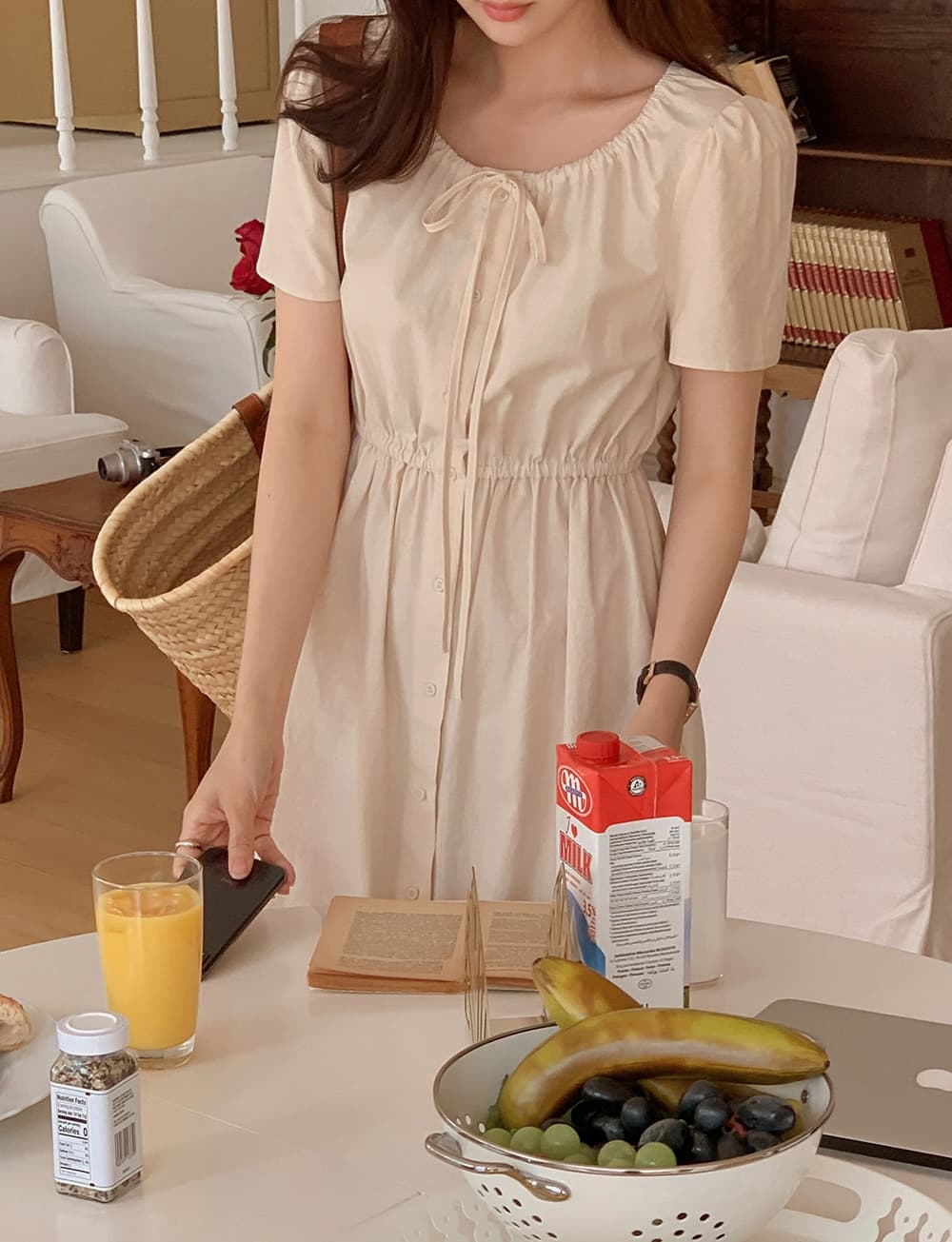 양면 끈 V넥 단추 허리 조임 반소매 원피스 상세 이미지 9