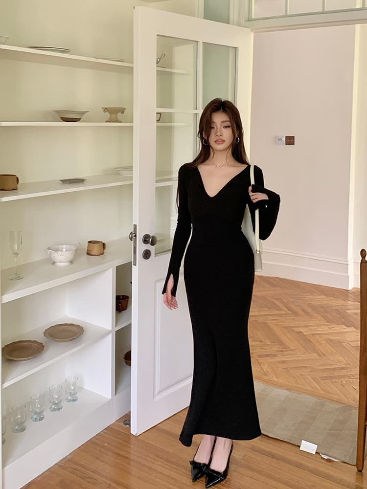 V넥 허리셔링 머메이드 롱 원피스 상세 이미지 13