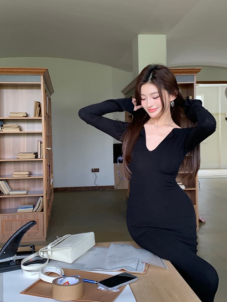 V넥 허리셔링 머메이드 롱 원피스 상세 이미지 17