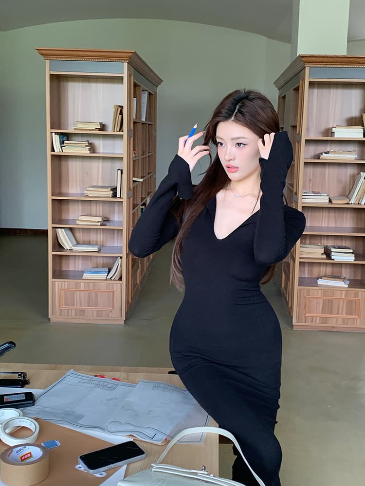V넥 허리셔링 머메이드 롱 원피스 상세 이미지 27