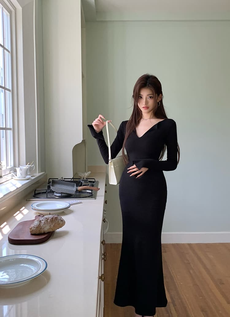V넥 허리셔링 머메이드 롱 원피스 상세 이미지 29