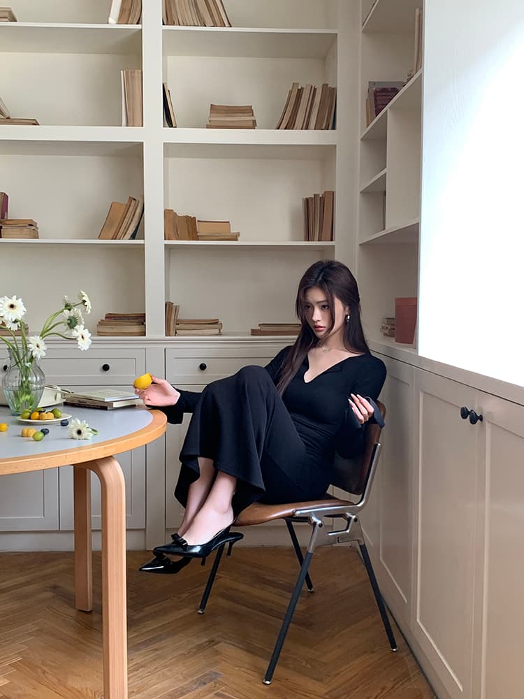 V넥 허리셔링 머메이드 롱 원피스 상세 이미지 41