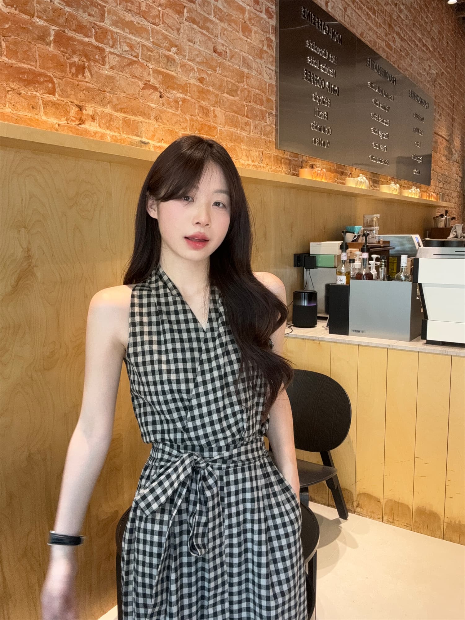 체크 패턴 끈 디테일 민소매 와이드팬츠 세트 상세 이미지 5