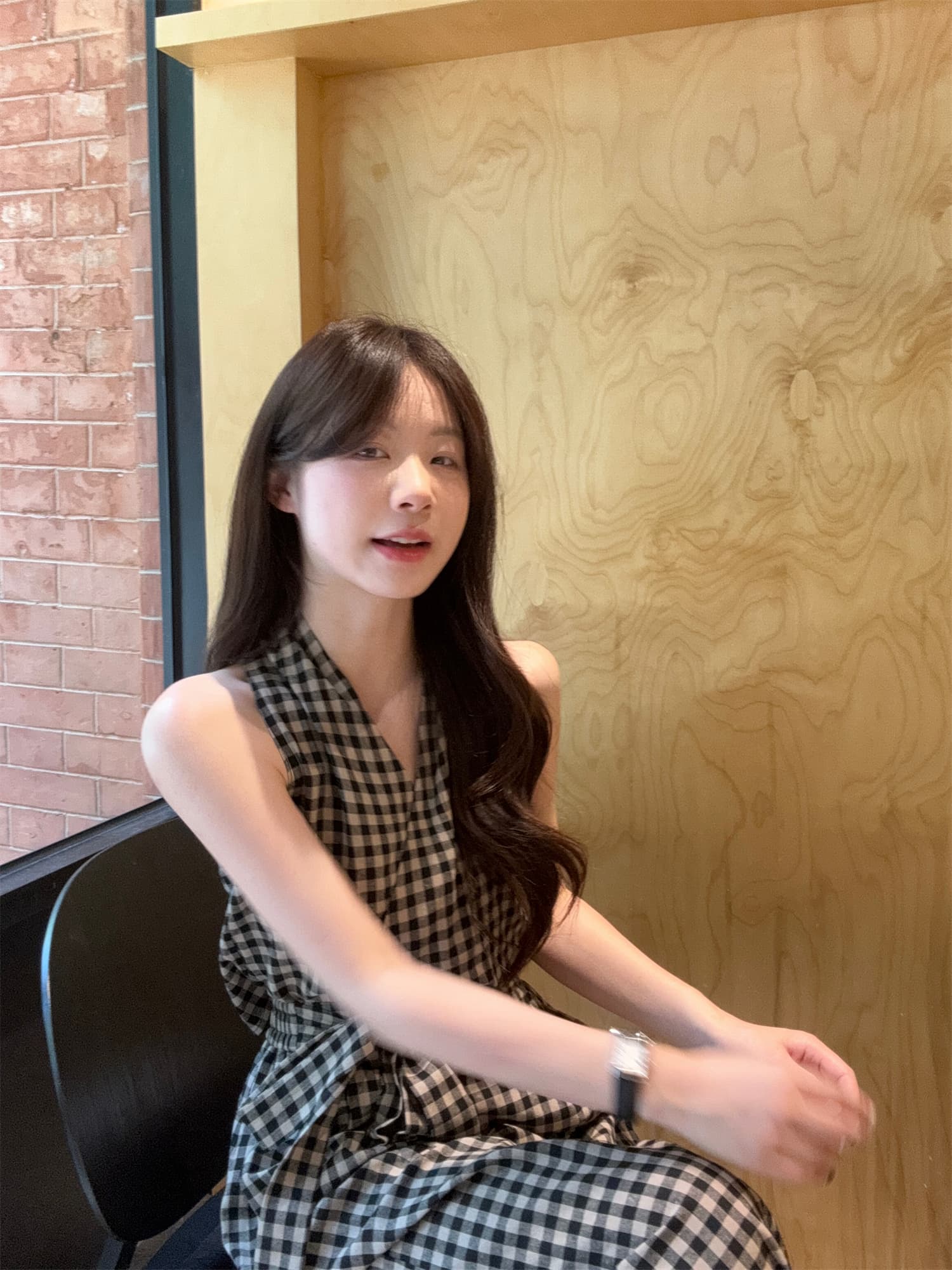 체크 패턴 끈 디테일 민소매 와이드팬츠 세트 상세 이미지 9