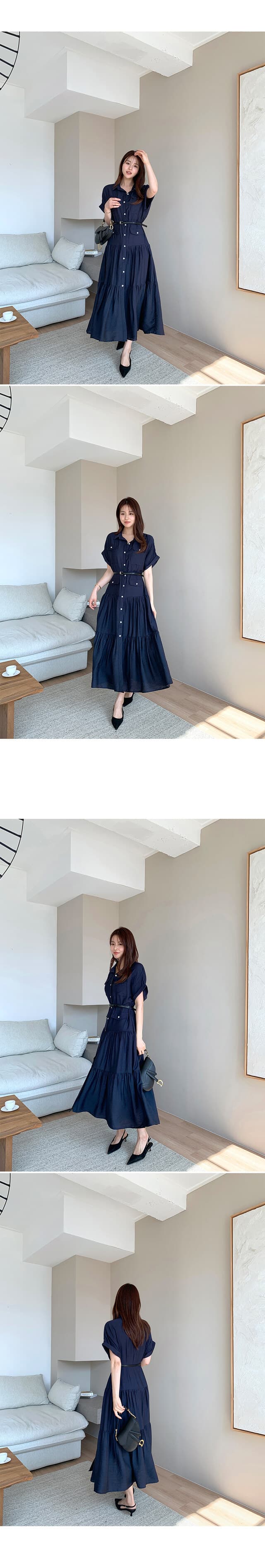 프랑스풍 폴드 칼라 허리 조임 롱 원피스 상세 이미지 1