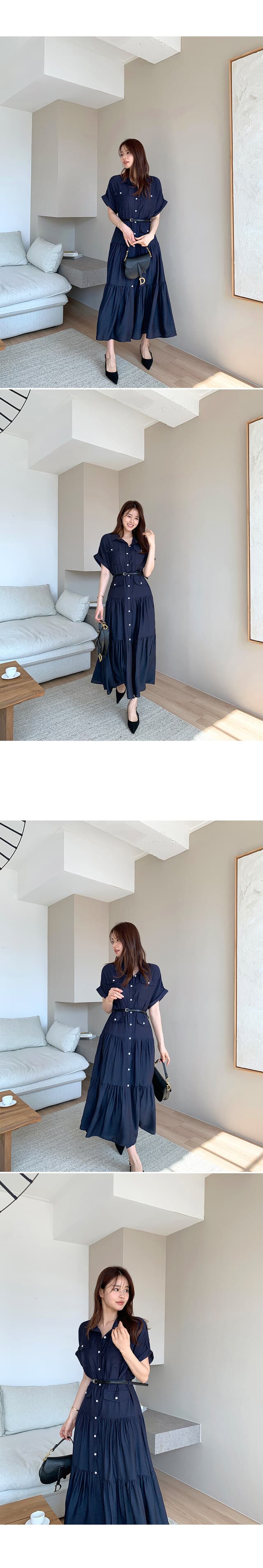 프랑스풍 폴드 칼라 허리 조임 롱 원피스 상세 이미지 3