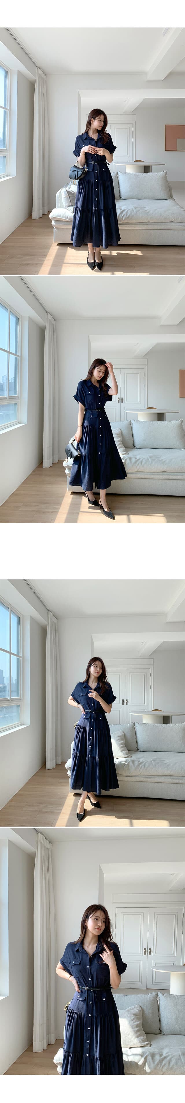 프랑스풍 폴드 칼라 허리 조임 롱 원피스 상세 이미지 5