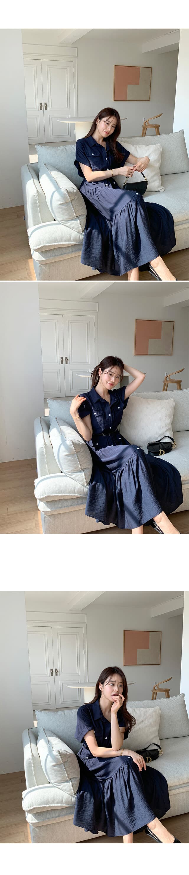 프랑스풍 폴드 칼라 허리 조임 롱 원피스 상세 이미지 6