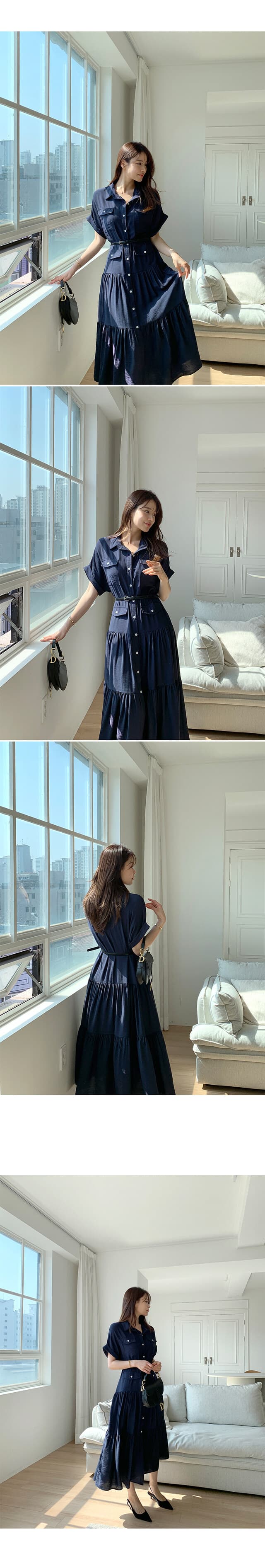프랑스풍 폴드 칼라 허리 조임 롱 원피스 상세 이미지 7