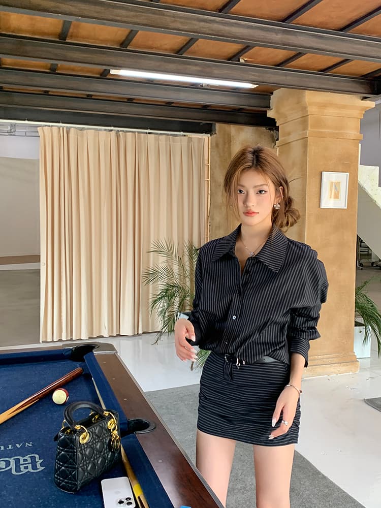 스트라이프 허리 조임 크롭 원피스 상세 이미지 15