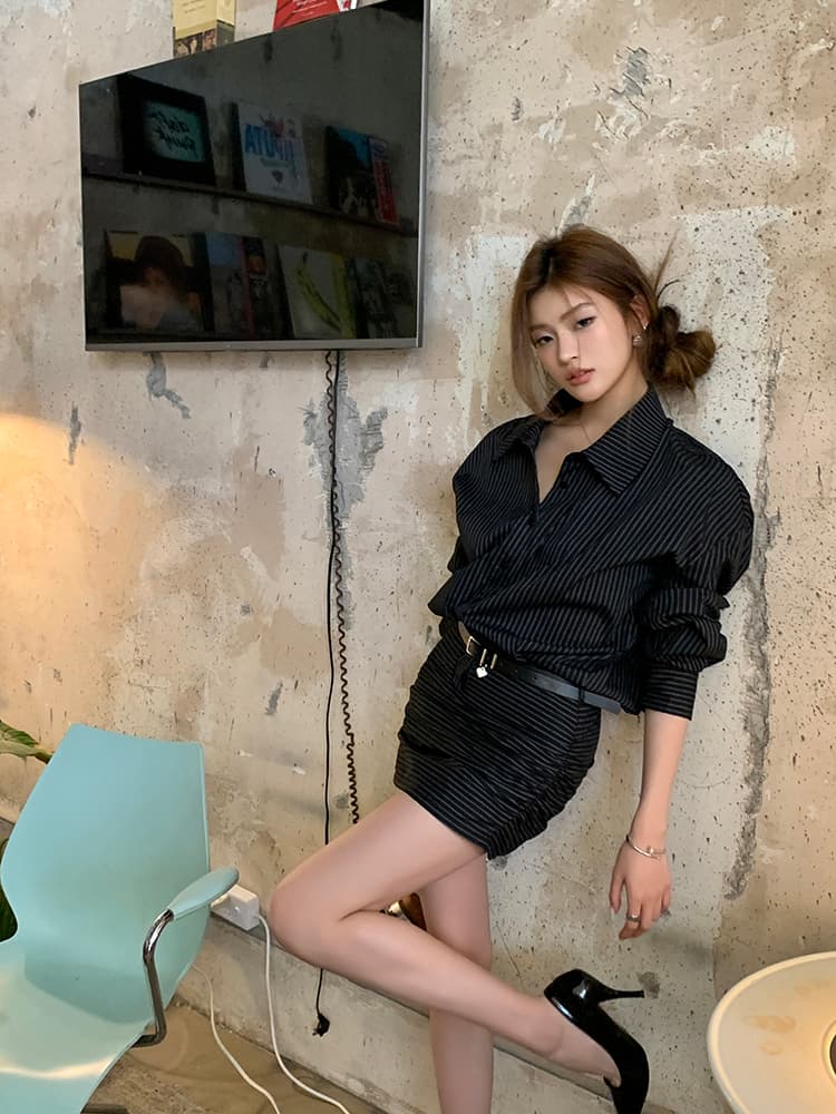 스트라이프 허리 조임 크롭 원피스 상세 이미지 35