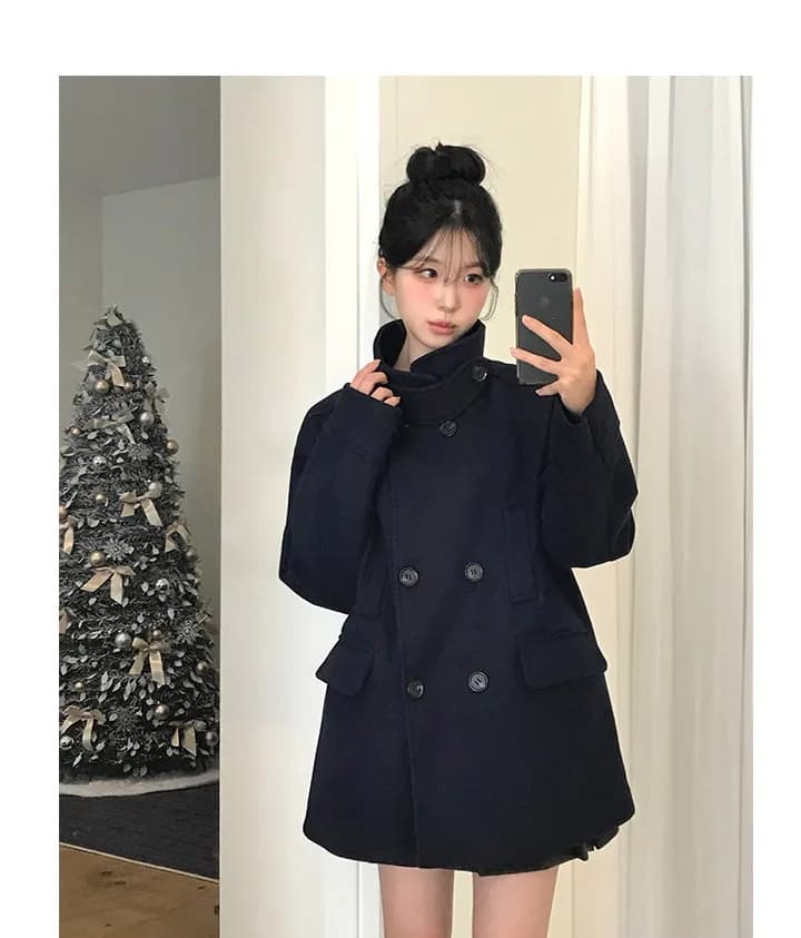 더블 버튼 폴드 칼라 미디 코트 상세 이미지 3