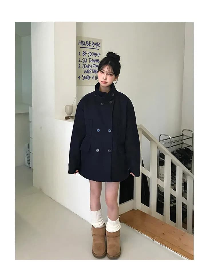 더블 버튼 폴드 칼라 미디 코트 상세 이미지 9