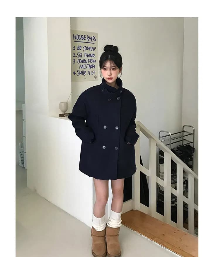 더블 버튼 폴드 칼라 미디 코트 상세 이미지 11
