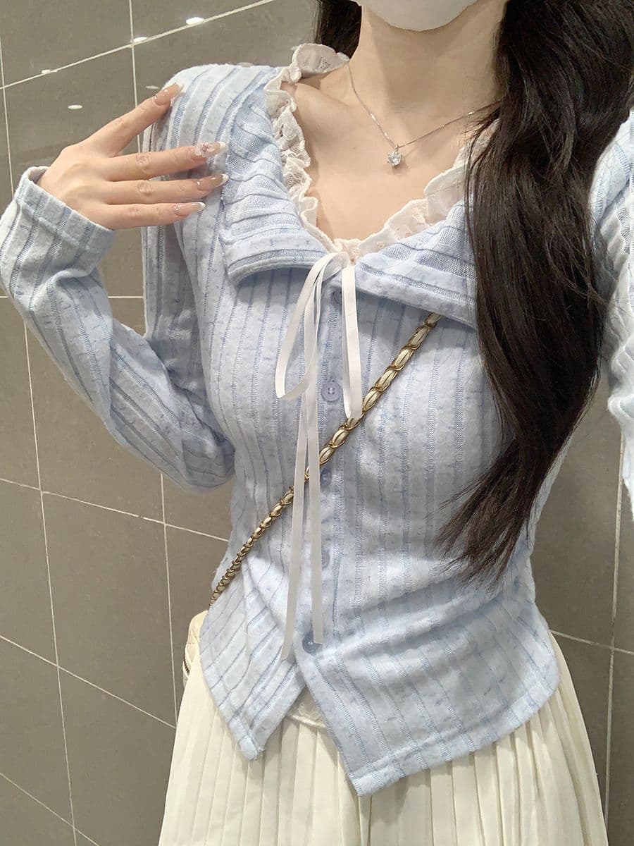 레이스 레이어드 긴소매 크롭 티셔츠 상세 이미지 3