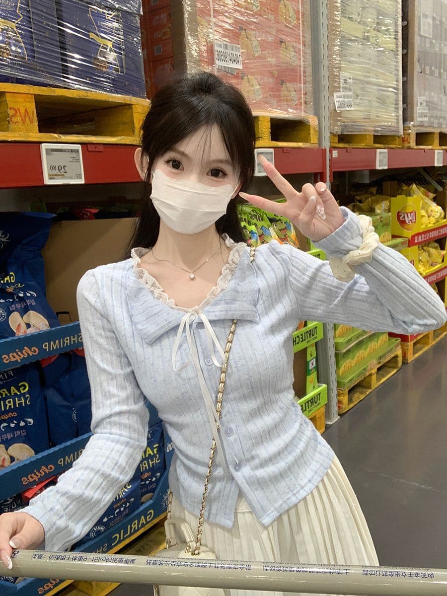 레이스 레이어드 긴소매 크롭 티셔츠 상세 이미지 4