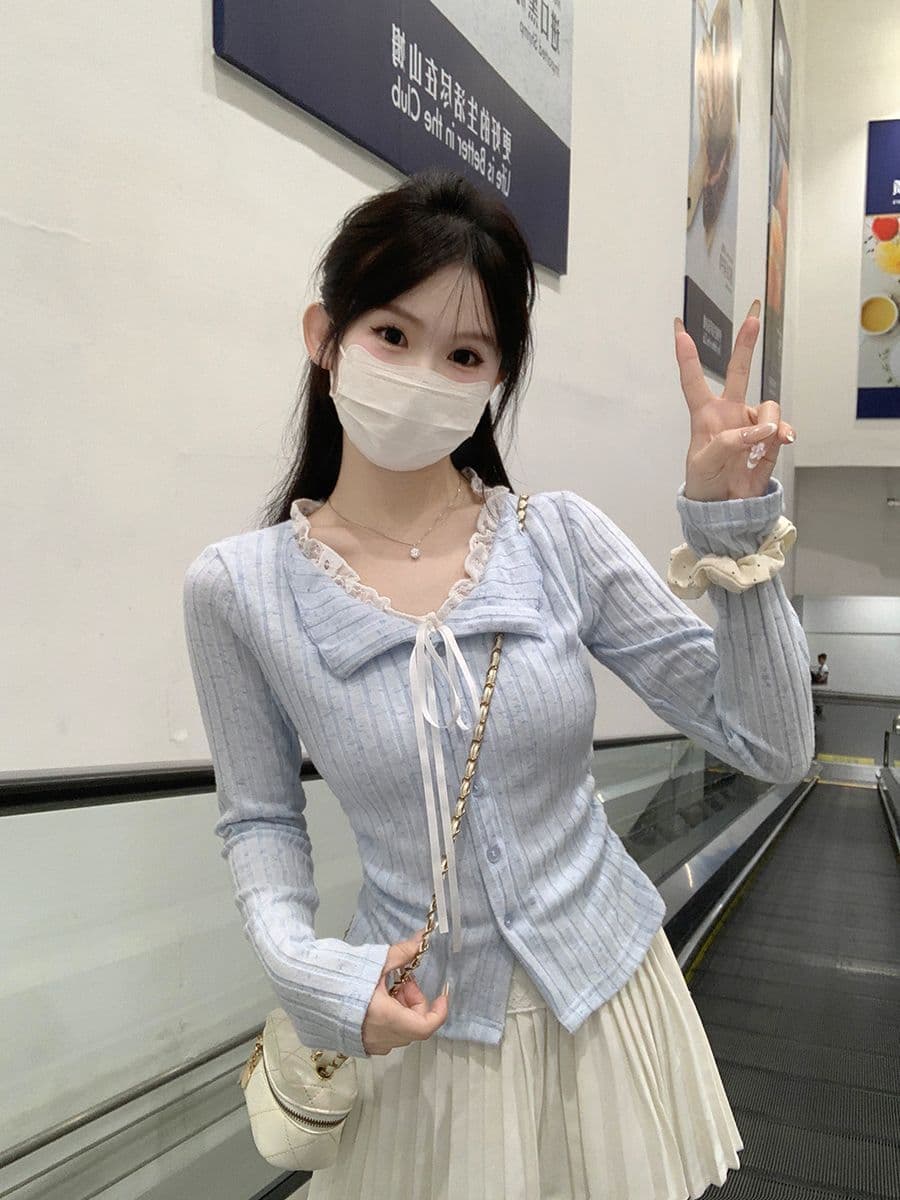 레이스 레이어드 긴소매 크롭 티셔츠 상세 이미지 5