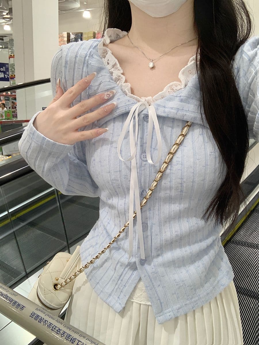 레이스 레이어드 긴소매 크롭 티셔츠 상세 이미지 6