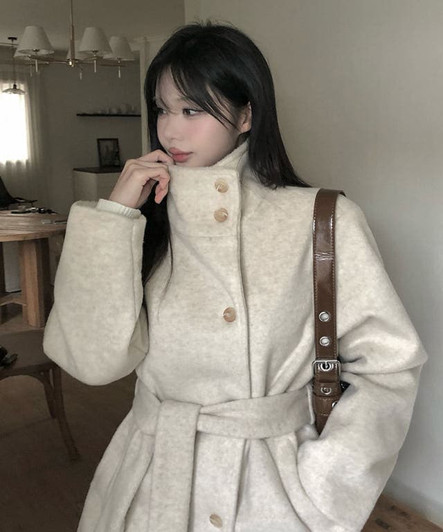 단색 스탠드 칼라 더블 버튼 미디 코트 (3color) 상세 이미지 5