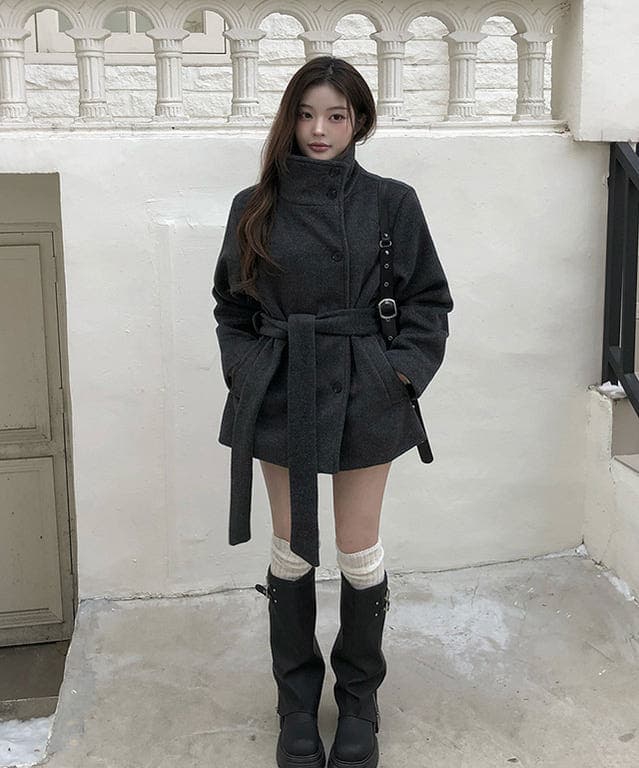 단색 스탠드 칼라 더블 버튼 미디 코트 (3color) 상세 이미지 6