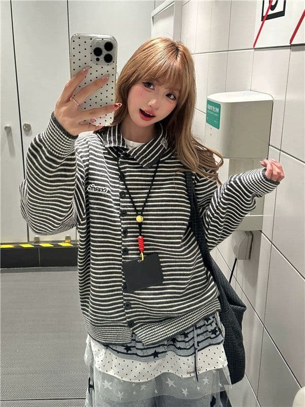 레트로 스트라이프 폴드 칼라 가디건 상세 이미지 2