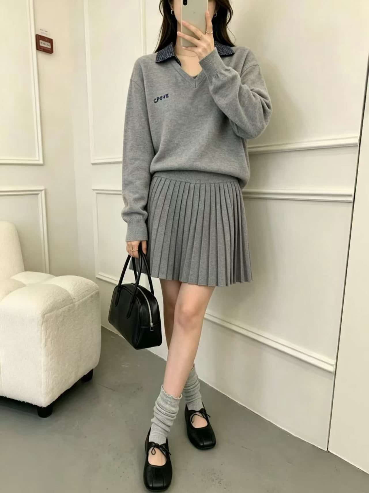 프레피 가짜 칼라 V넥 니트 스커트 세트 (3color) 상세 이미지 4