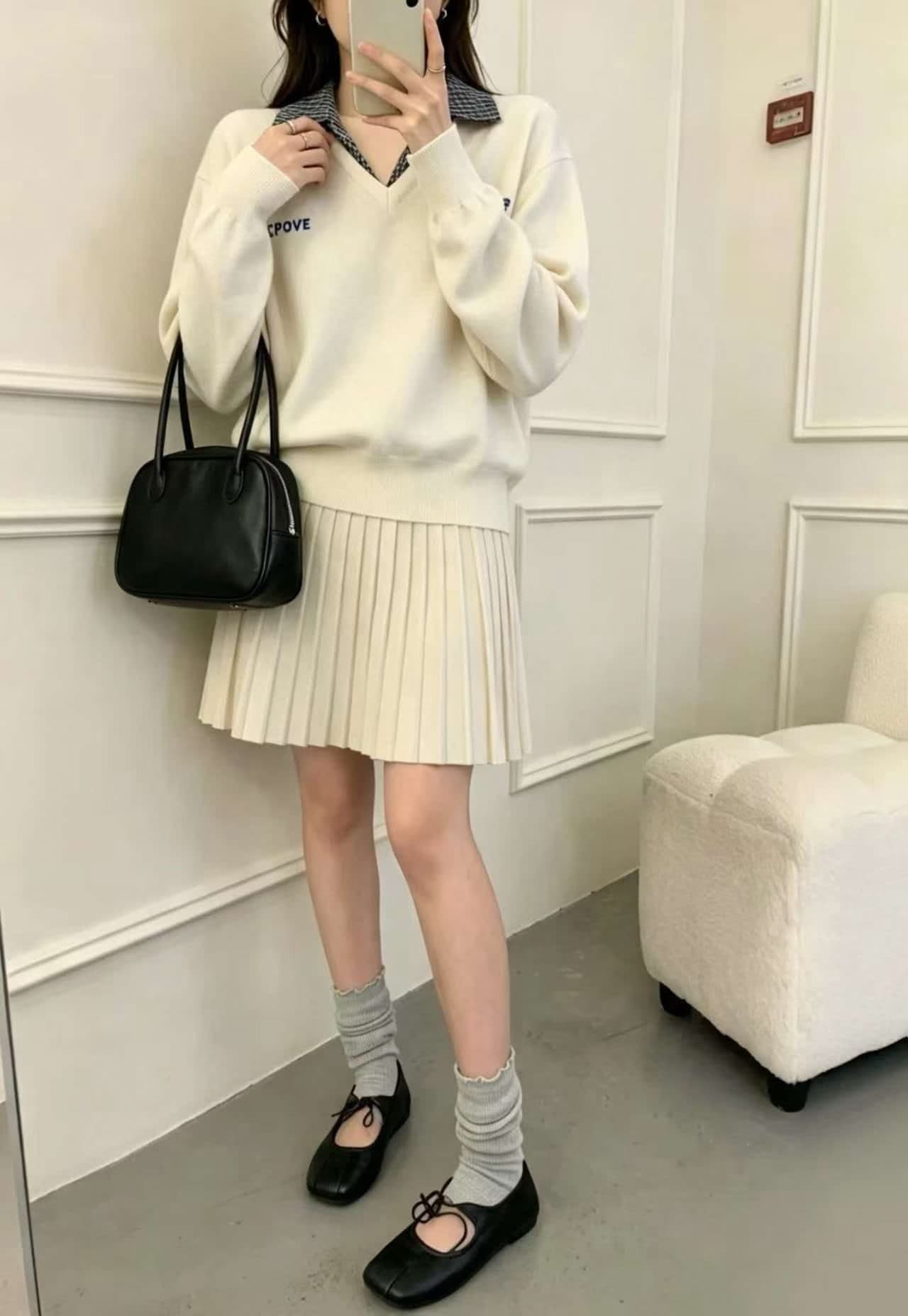프레피 가짜 칼라 V넥 니트 스커트 세트 (3color) 상세 이미지 5
