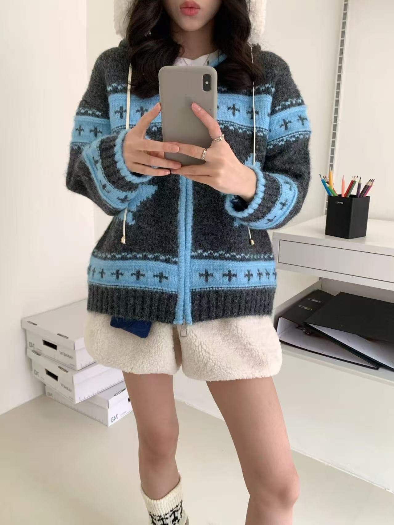 레트로 단풍잎 자수 후드 가디건 상세 이미지 5