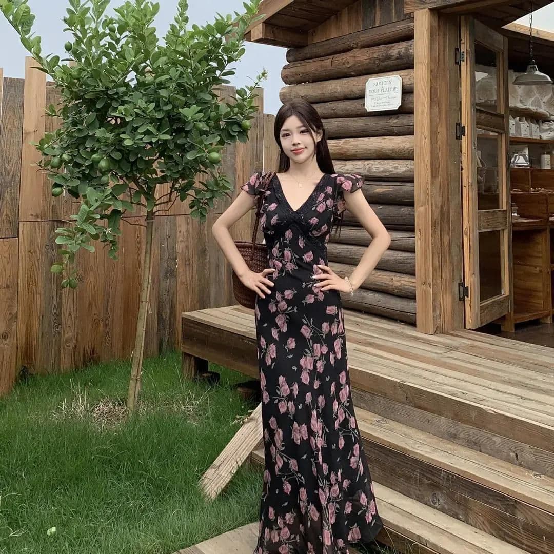 프릴 소매 V넥 플라워 롱 원피스 상세 이미지 2
