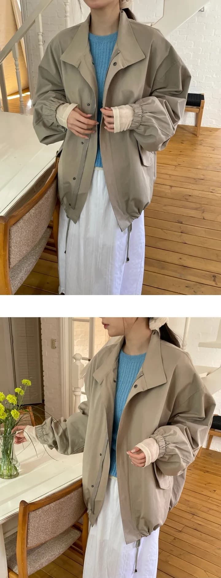 레트로 폴드 칼라 허리 조임 아우터 상세 이미지 8