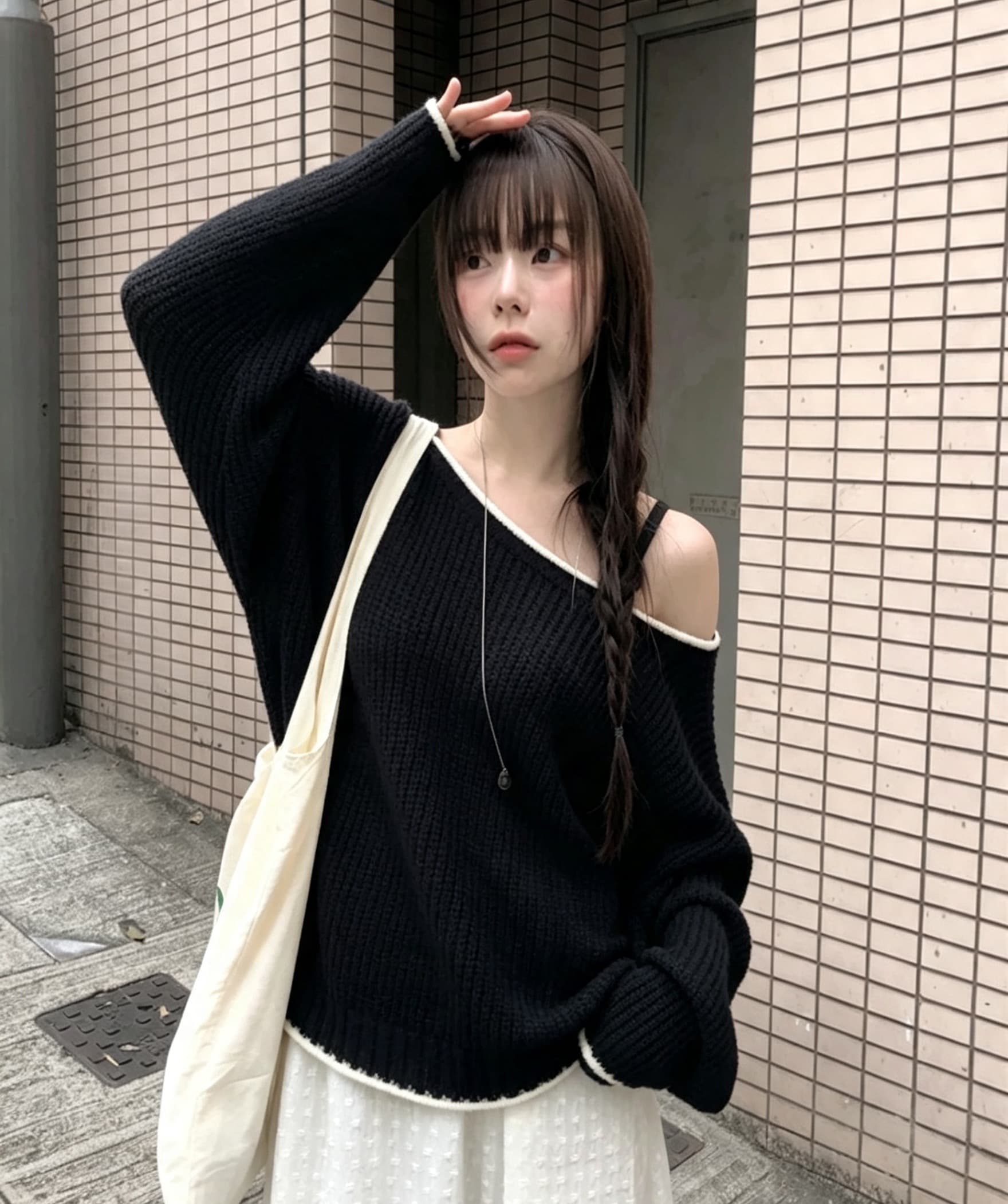 투톤 프레피 오프숄더 니트 상세 이미지 7