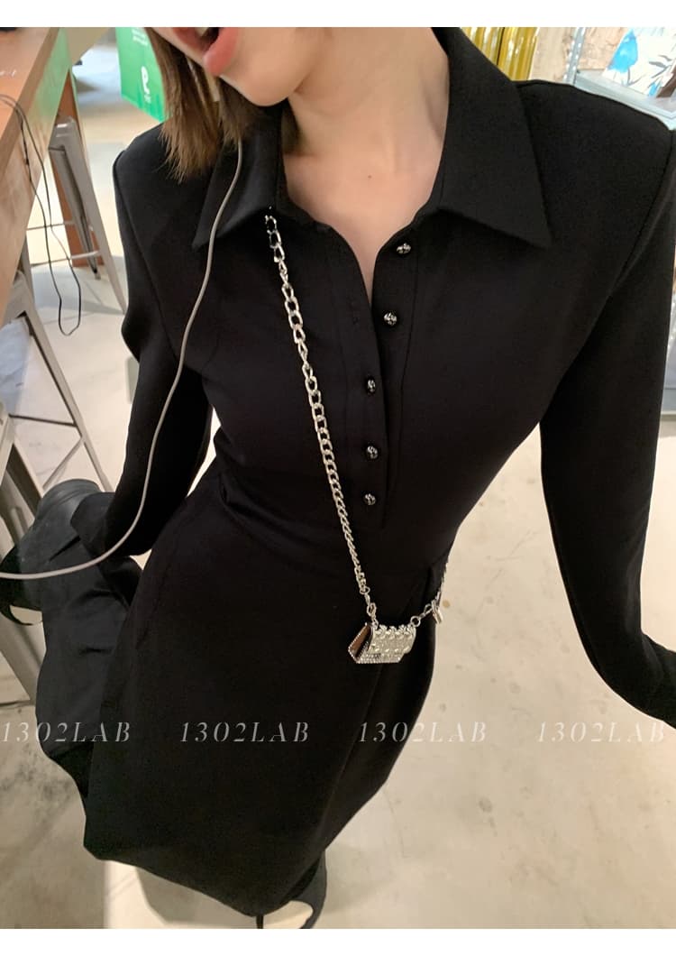 프랑스풍 폴드 칼라 허리 라인 롱 원피스 상세 이미지 28