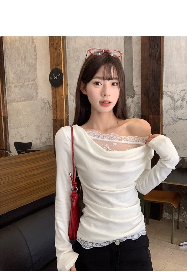 레이스 원숄더 긴소매 티셔츠 상세 이미지 3