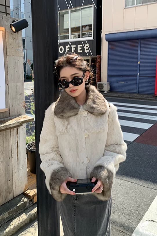 토끼털 폴드 칼라 퍼 자켓