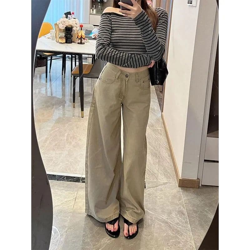 카키 하이웨이스트 와이드 데님 팬츠 상세 이미지 3
