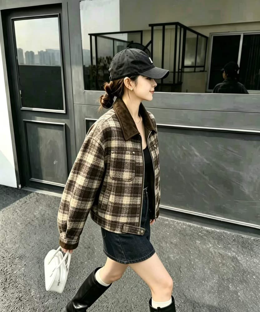 체크 배색카라 울터치 숏 집업 자켓 상세 이미지 2