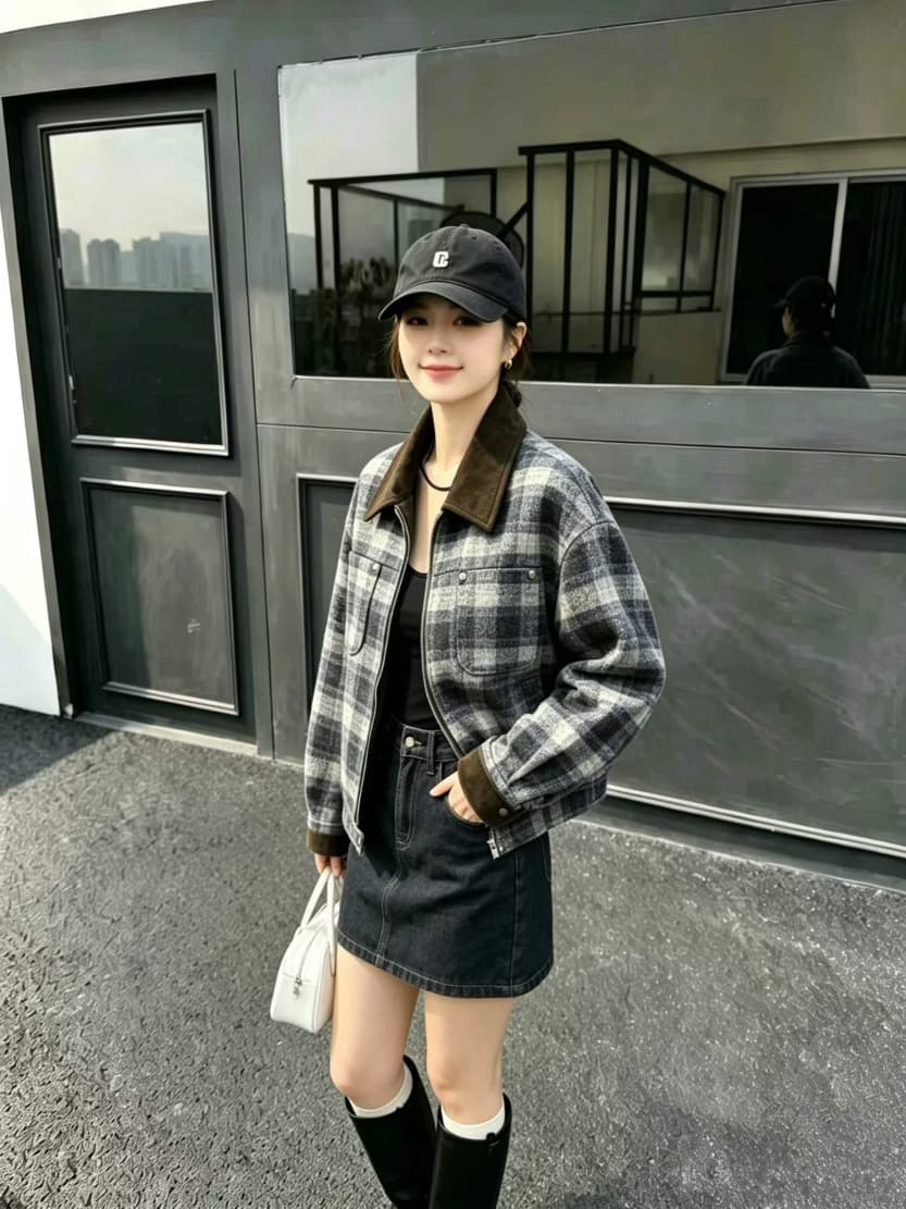 체크 배색카라 울터치 숏 집업 자켓 상세 이미지 10