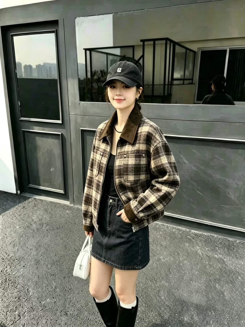 체크 배색카라 울터치 숏 집업 자켓 상세 이미지 7