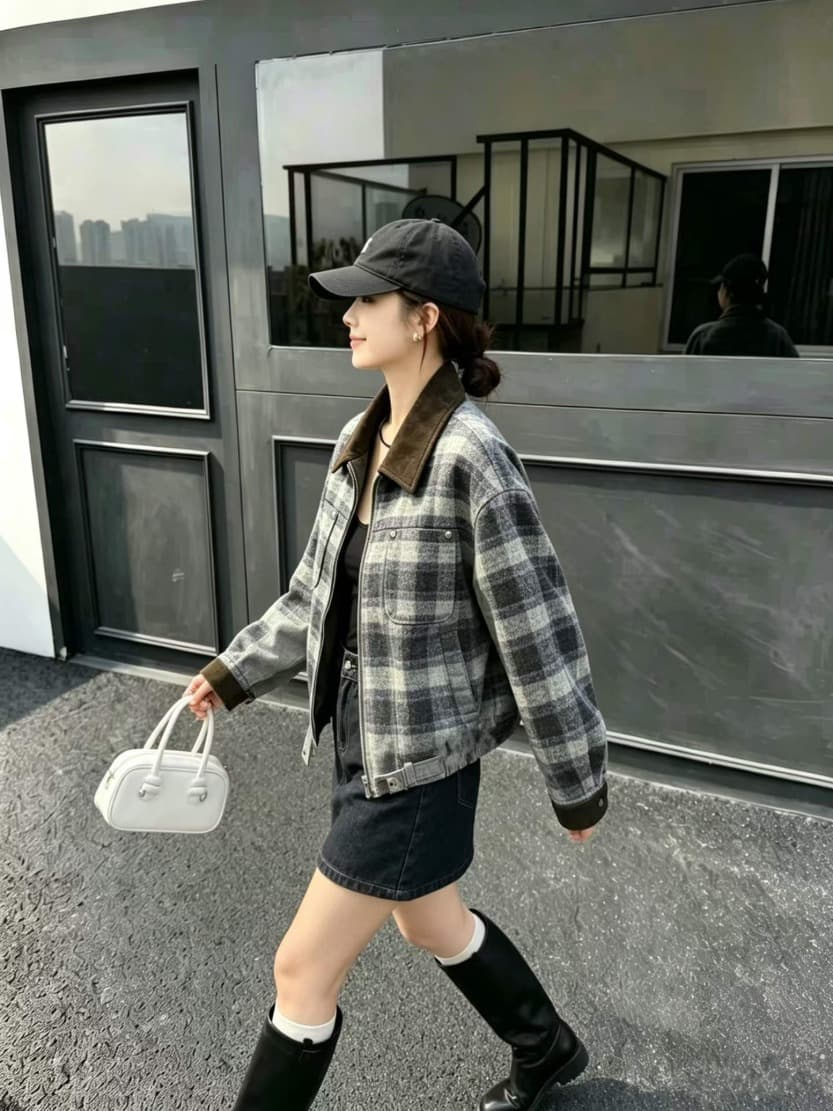 체크 배색카라 울터치 숏 집업 자켓 상세 이미지 8