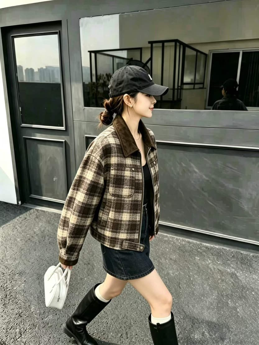체크 배색카라 울터치 숏 집업 자켓 상세 이미지 6